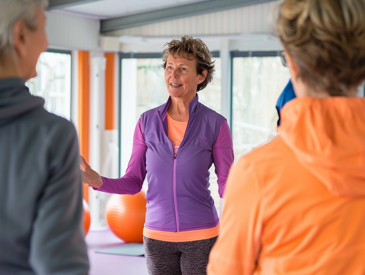 Тренер показує вправи групі літніх людей