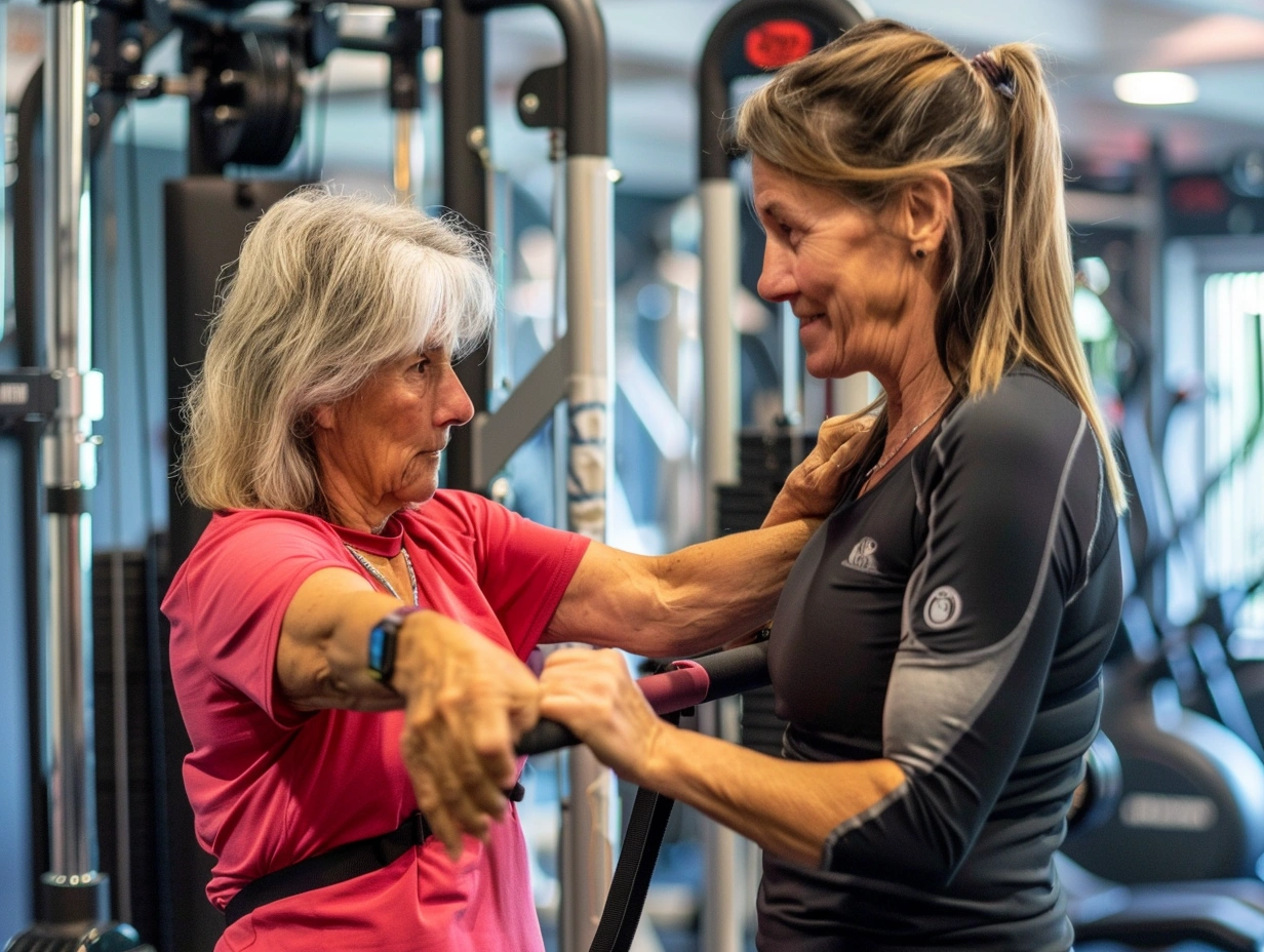 Інструктор допомагає літній жінці виконувати вправу