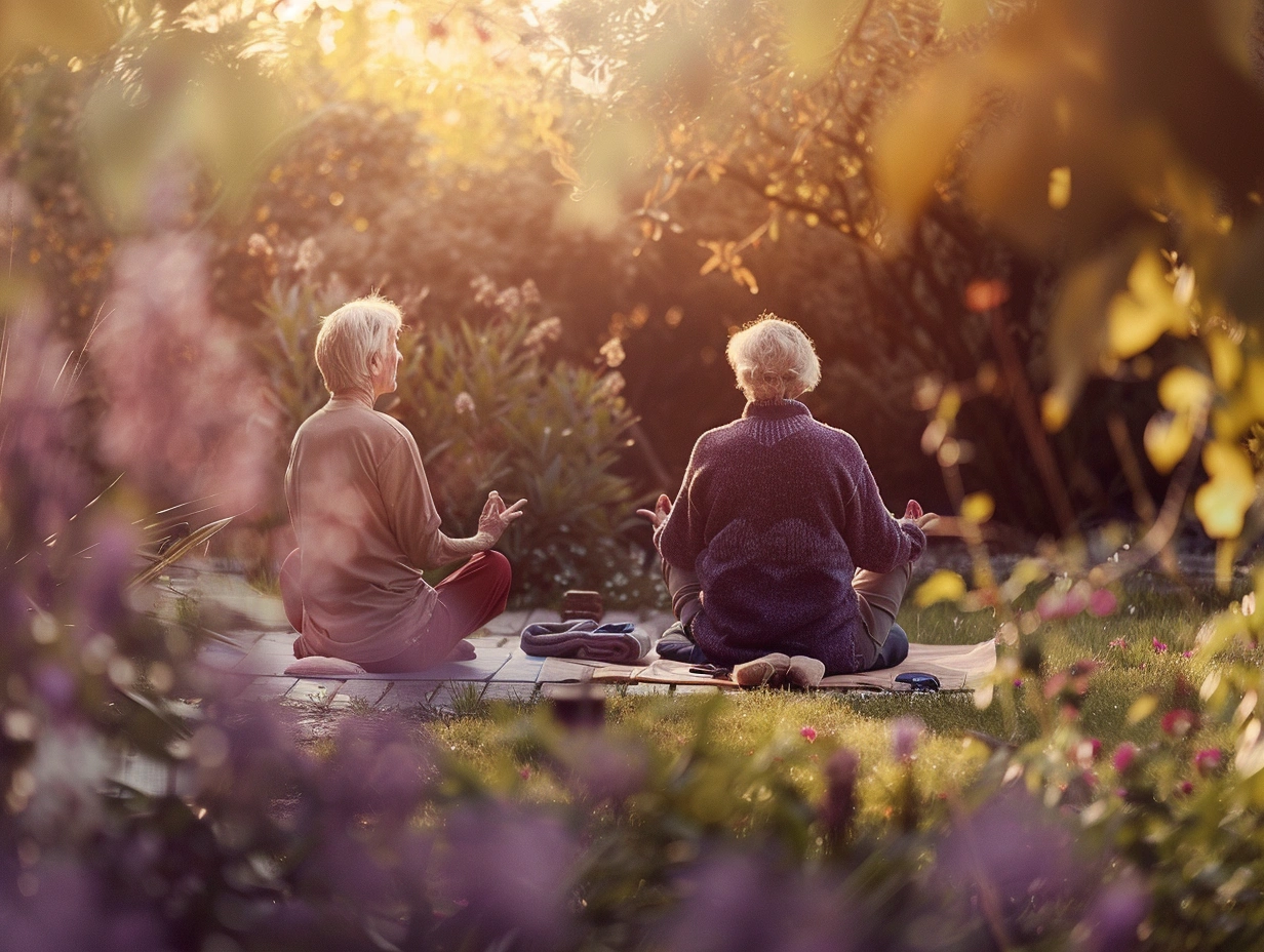Літня пара займається йогою у парку