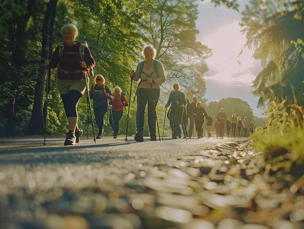 Група літніх людей на тренуванні з палицями для скандинавської ходьби
