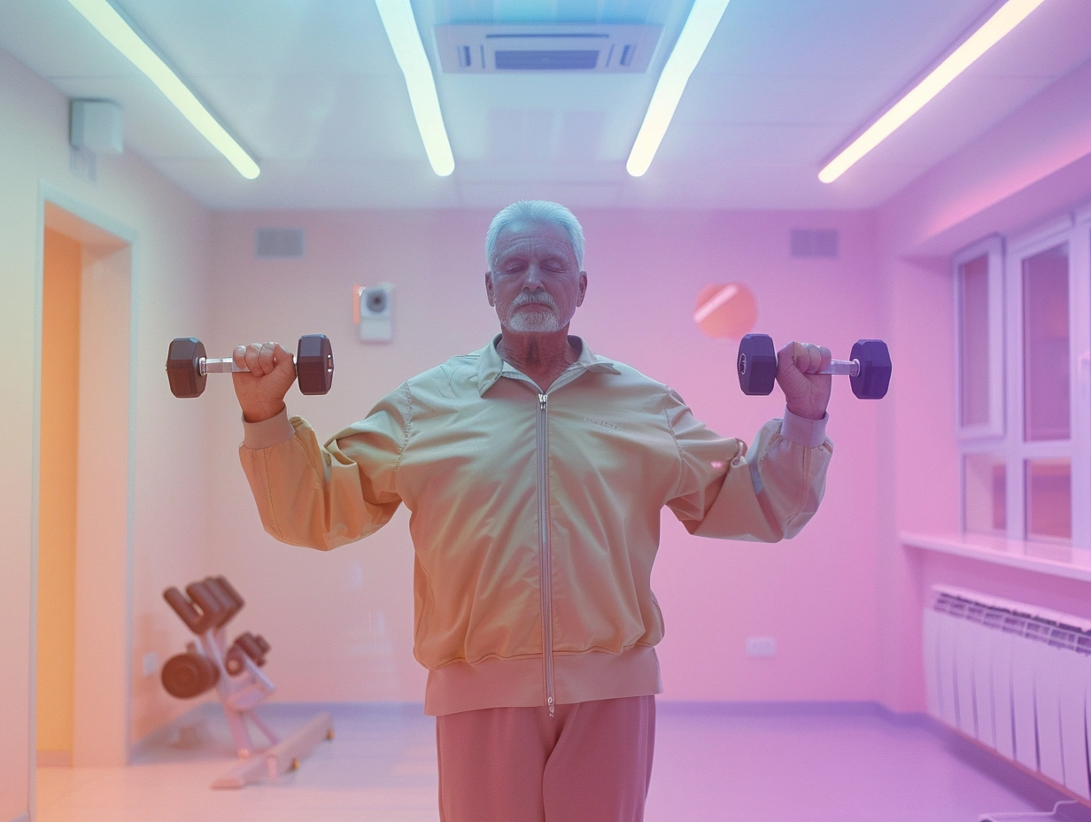Літній чоловік займається з легкими гантелями